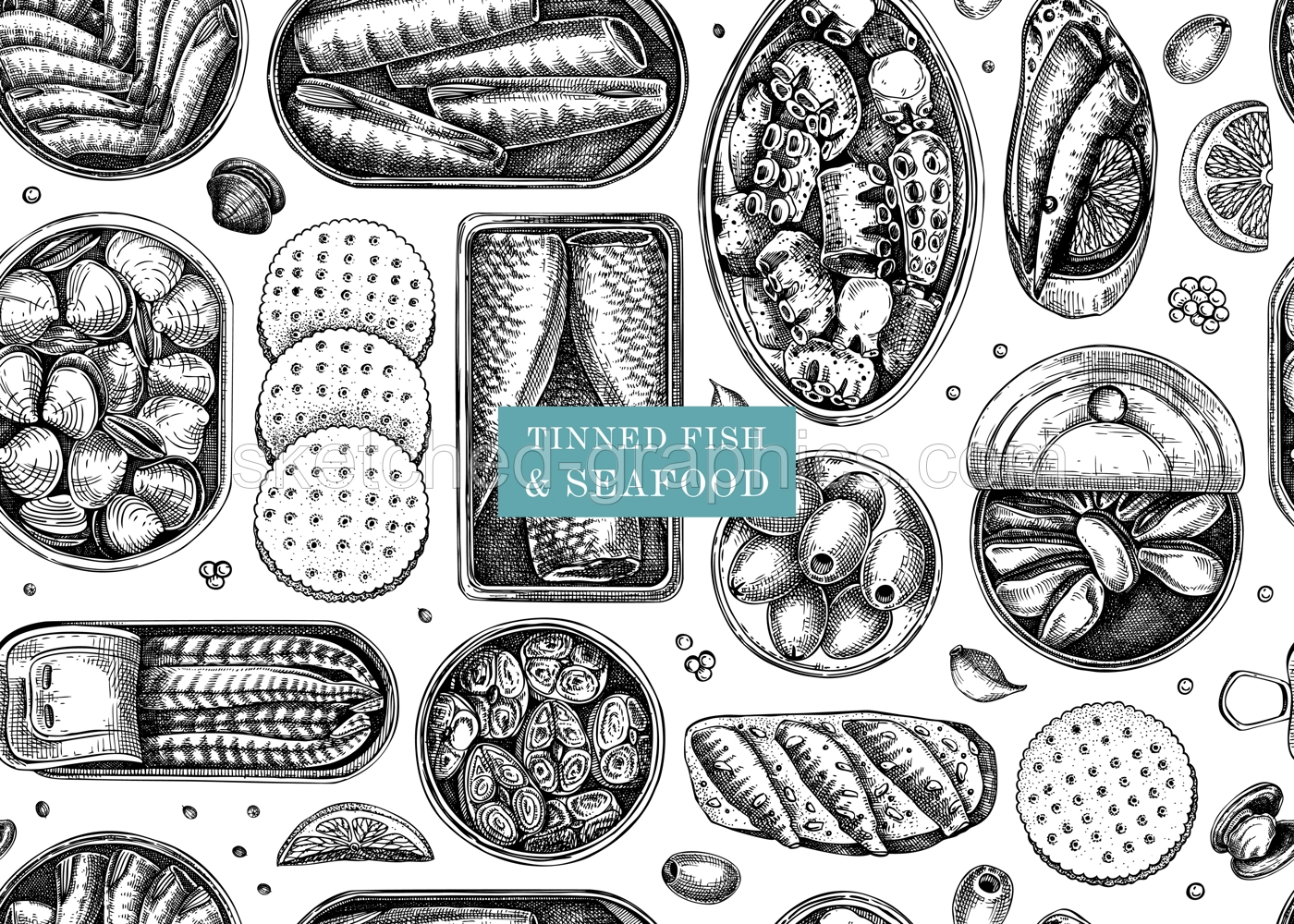 Seafood background. Hand-drawn tinned fish seamless pattern. Sardines, anchovy, mackerel, tuna, mussels in tin cans, fish canapes, olives, crackers vector sketches. For packaging, print, textile Illustration